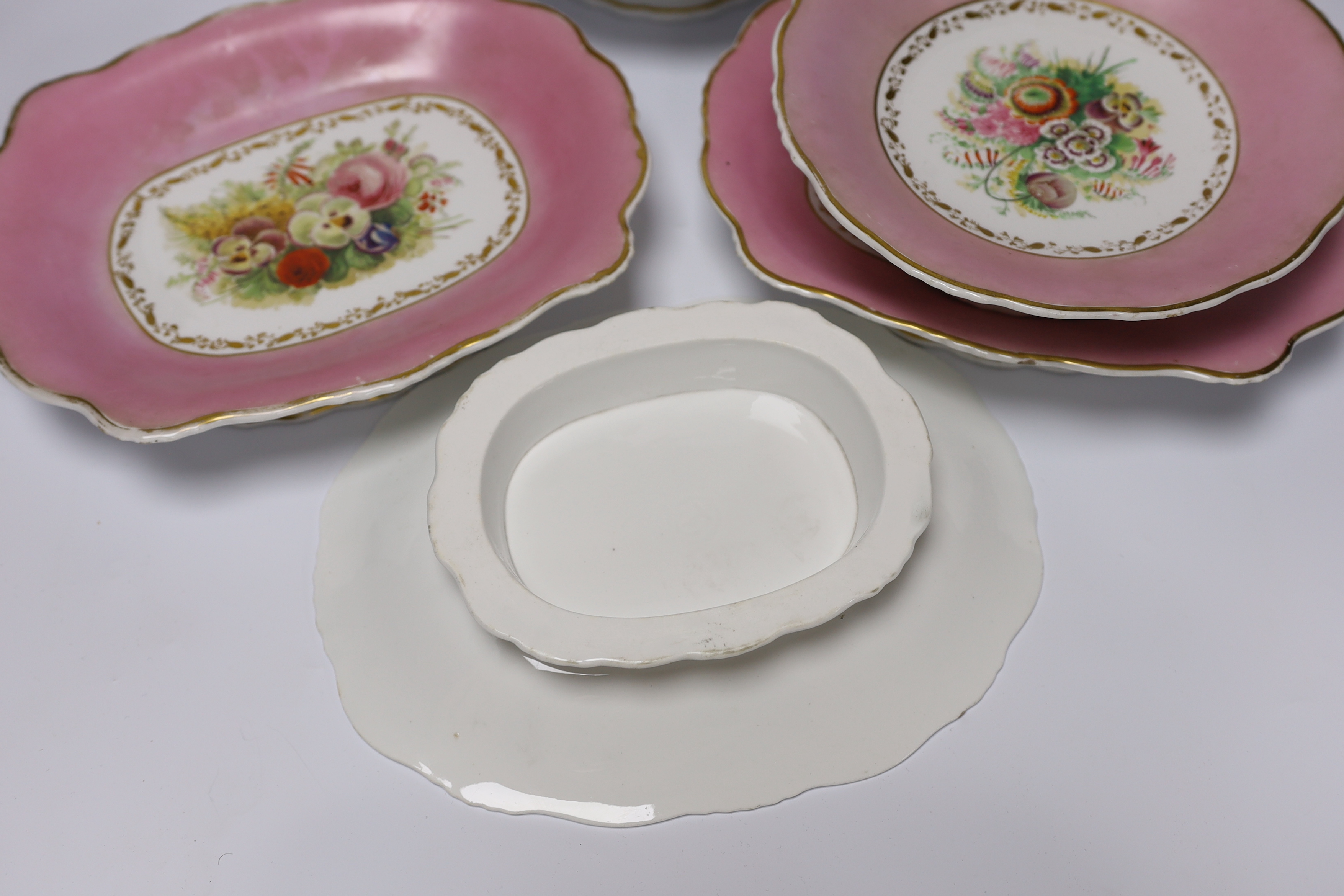 A seven piece dessert set, floral painted, impressed anchor mark